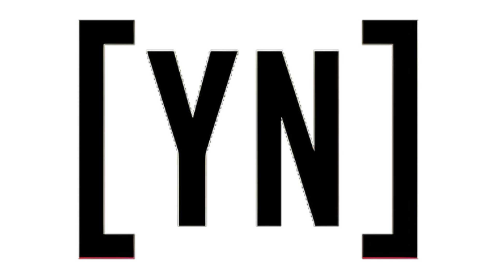 Text logo with large, black letters "Y N" framed by square brackets.